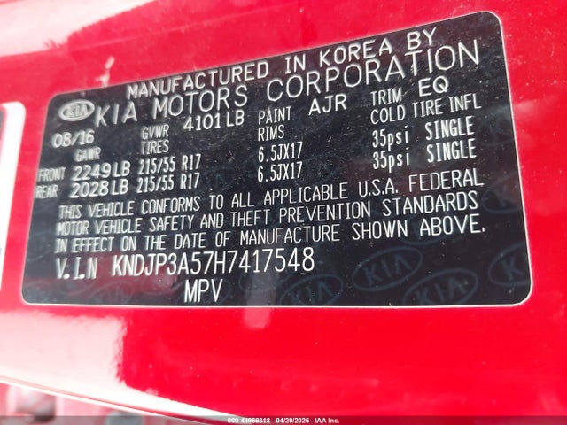 44989318 :رقم المزاد ، KNDJP3A57H7417548 vin ، 2017 Kia Soul + مزاد بيع