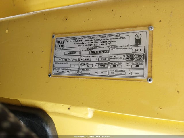 Продажа на аукционе авто 2018 Hyster V30zmu Fork Lift, vin: B463T02246S, номер лота: 44989321