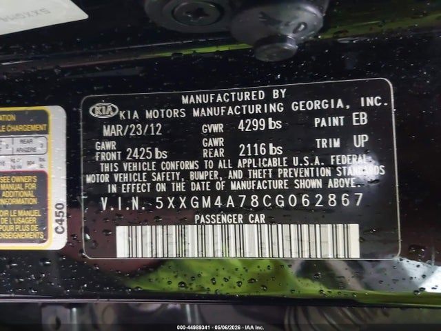 44989341 :رقم المزاد ، 5XXGM4A78CG062867 vin ، 2012 Kia Optima Lx مزاد بيع
