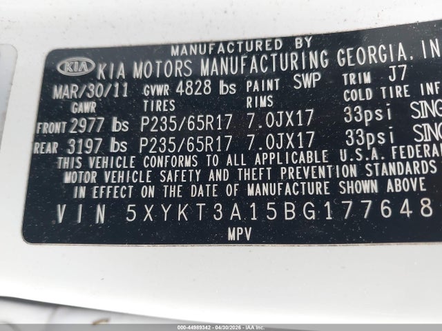 Aukcja sprzedaży 2011 Kia Sorento Lx, vin: 5XYKT3A15BG177648, numer aukcji: 44989342