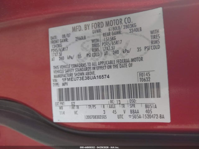 Aukcja sprzedaży 2008 Ford Explorer Xlt, vin: 1FMEU73E38UA16574, numer aukcji: 44989352