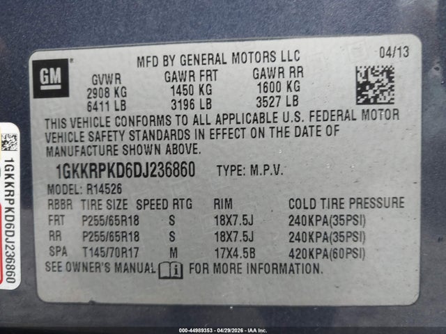 Aukcja sprzedaży 2013 Gmc Acadia Sle-2, vin: 1GKKRPKD6DJ236860, numer aukcji: 44989353