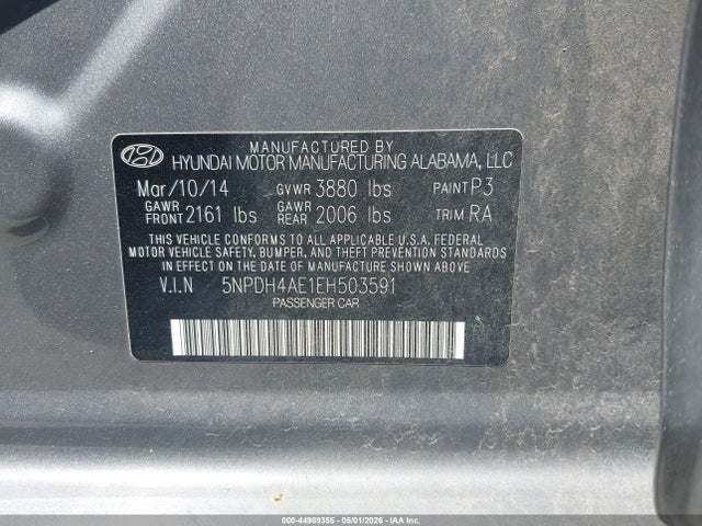 2014 Hyundai Elantra Se მანქანა იყიდება აუქციონზე, vin: 5NPDH4AE1EH503591, აუქციონის ნომერი: 44989355