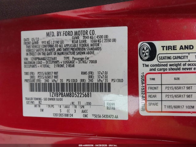 Aukcja sprzedaży 2013 Ford Mustang V6, vin: 1ZVBP8AM8D5225681, numer aukcji: 44989356
