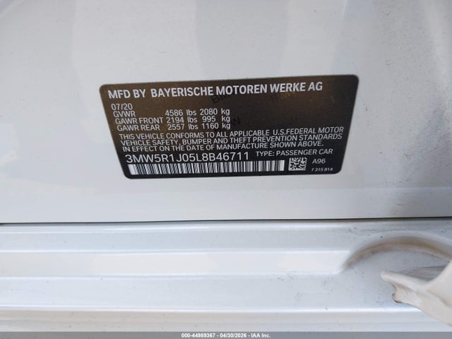 2020 Bmw 330i მანქანა იყიდება აუქციონზე, vin: 3MW5R1J05L8B46711, აუქციონის ნომერი: 44989367