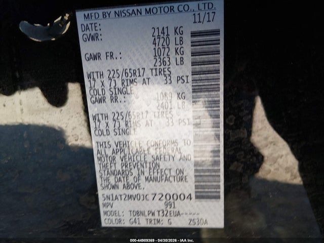 2018 Nissan Rogue S მანქანა იყიდება აუქციონზე, vin: 5N1AT2MV0JC720004, აუქციონის ნომერი: 44989369