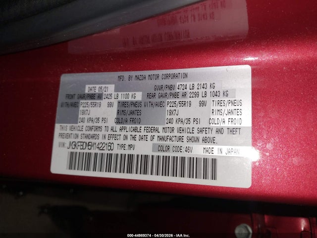 2021 Mazda Cx-5 Grand Touring მანქანა იყიდება აუქციონზე, vin: JM3KFBDM5M1422160, აუქციონის ნომერი: 44989374