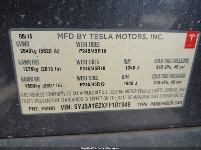 Продаж на аукціоні авто 2015 Tesla Model S 70d/85d/p85d, vin: 5YJSA1E2XFF101949, номер лоту: 44989378