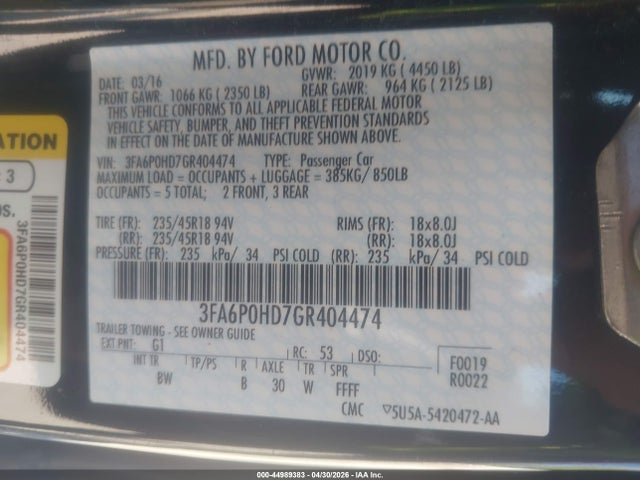 Продажа на аукционе авто 2016 Ford Fusion Se, vin: 3FA6P0HD7GR404474, номер лота: 44989383