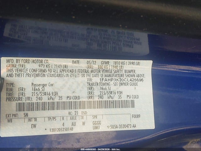 Aukcja sprzedaży 2012 Ford Focus Se, vin: 1FAHP3K20CL426696, numer aukcji: 44989385
