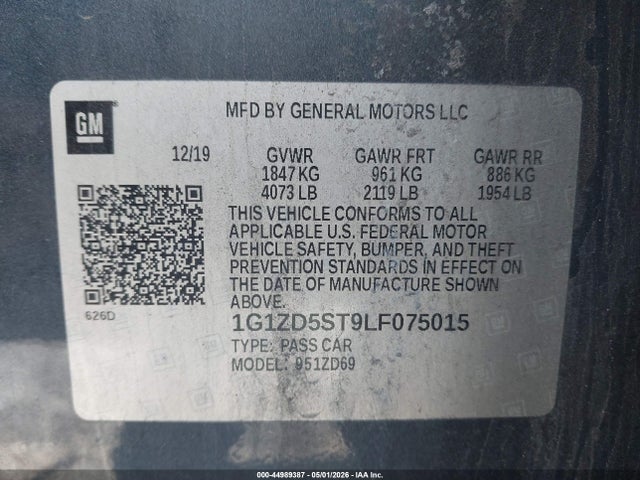 2020 Chevrolet Malibu Fwd Lt მანქანა იყიდება აუქციონზე, vin: 1G1ZD5ST9LF075015, აუქციონის ნომერი: 44989387