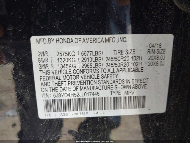 Aukcja sprzedaży 2018 Acura Mdx Technology Package   Acurawatch Plus Pkg, vin: 5J8YD4H52JL017446, numer aukcji: 44989388