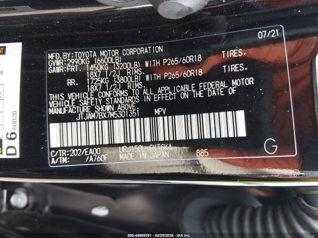 44989391 :رقم المزاد ، JTJAM7BX7M5301351 vin ، 2021 Lexus Gx 460 Premium مزاد بيع