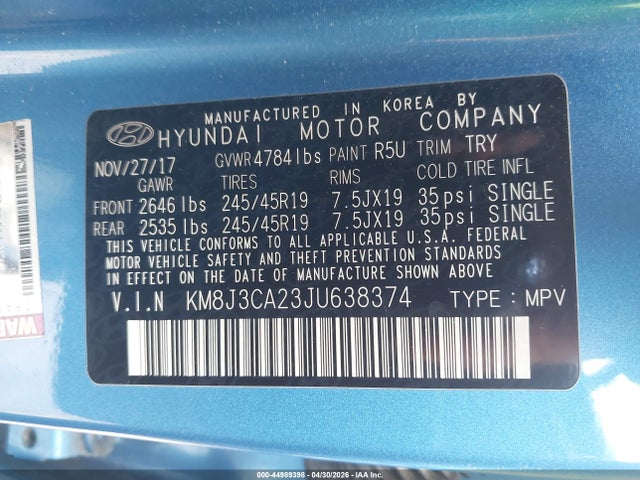 44989398 :رقم المزاد ، KM8J3CA23JU638374 vin ، 2018 Hyundai Tucson Limited مزاد بيع