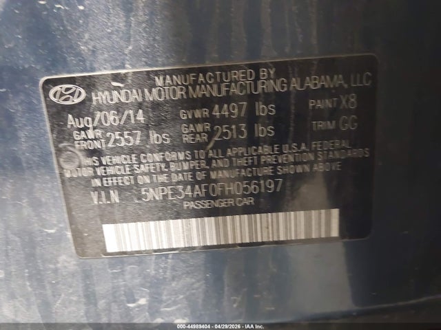 44989404 :رقم المزاد ، 5NPE34AF0FH056197 vin ، 2015 Hyundai Sonata Sport مزاد بيع