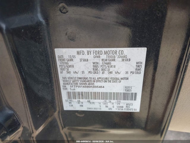 Aukcja sprzedaży 2006 Ford F-150 Fx4/lariat/xlt, vin: 1FTPW14586KB95464, numer aukcji: 44989414