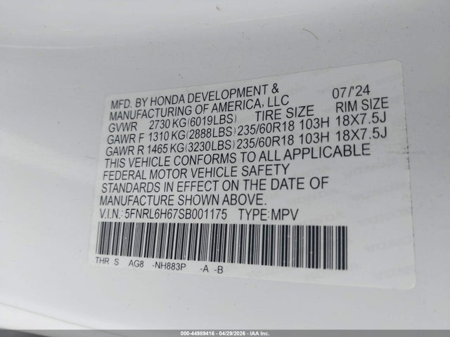 Продаж на аукціоні авто 2025 Honda Odyssey Ex-l, vin: 5FNRL6H67SB001175, номер лоту: 44989416