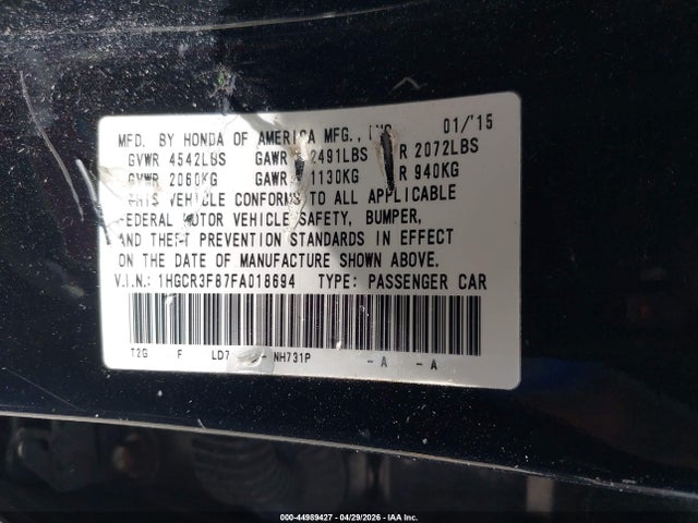 Продажа на аукционе авто 2015 Honda Accord Ex-l V-6, vin: 1HGCR3F87FA018694, номер лота: 44989427