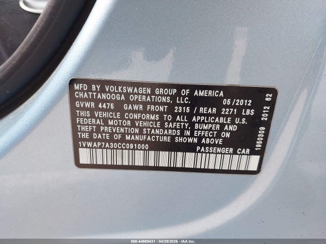 44989431 :رقم المزاد ، 1VWAP7A30CC091000 vin ، 2012 Volkswagen Passat 2.5l S مزاد بيع