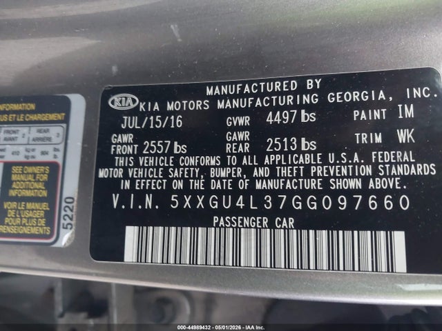 44989432 :رقم المزاد ، 5XXGU4L37GG097660 vin ، 2016 Kia Optima Ex مزاد بيع