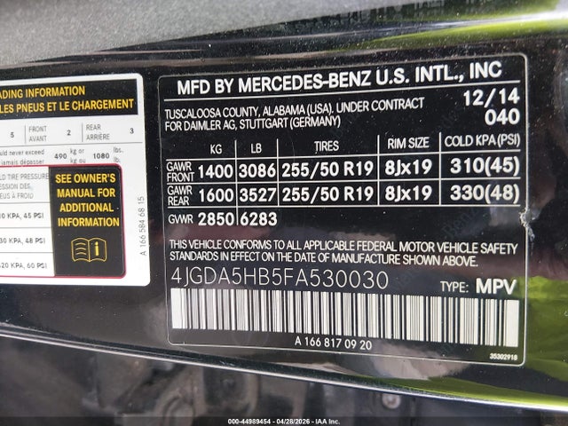 44989454 :رقم المزاد ، 4JGDA5HB5FA530030 vin ، 2015 Mercedes-benz Ml 350 4matic مزاد بيع