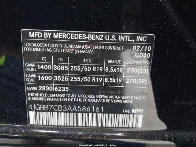 Продаж на аукціоні авто 2010 Mercedes-benz Ml 550 4matic, vin: 4JGBB7CB3AA586161, номер лоту: 44989461