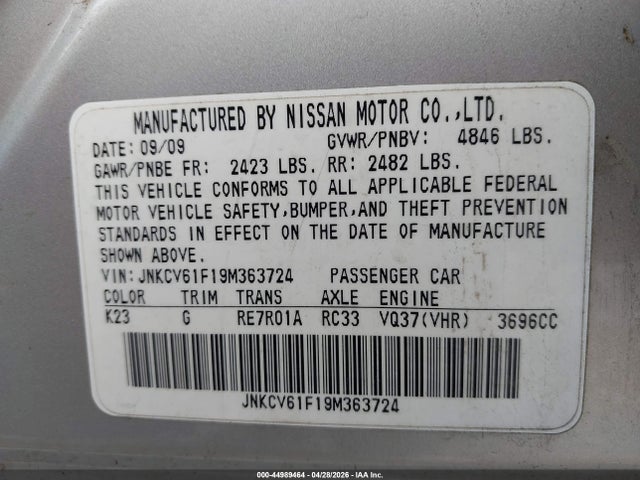 44989464 :رقم المزاد ، JNKCV61F19M363724 vin ، 2009 Infiniti G37x مزاد بيع