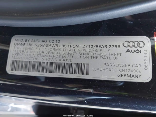Aukcja sprzedaży 2012 Audi A6 3.0 Premium, vin: WAUHGAFC1CN124966, numer aukcji: 44989481