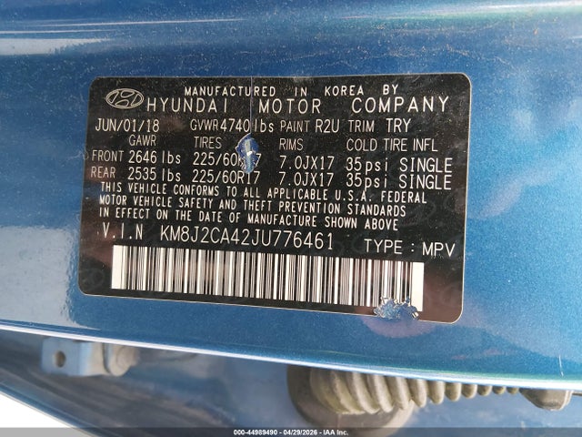 44989490 :رقم المزاد ، KM8J2CA42JU776461 vin ، 2018 Hyundai Tucson Se مزاد بيع