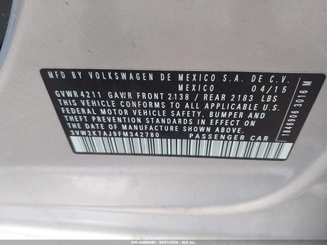 Продаж на аукціоні авто 2015 Volkswagen Jetta 2.0l S, vin: 3VW2K7AJ9FM342780, номер лоту: 44989492