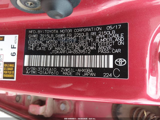 JTDKARFU4H3539512 Toyota Prius Four