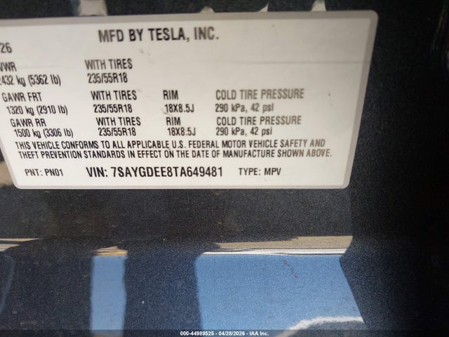 Aukcja sprzedaży 2026 Tesla Model Y, vin: 7SAYGDEE8TA649481, numer aukcji: 44989525