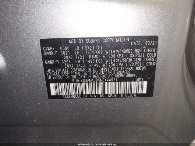 44989526 :رقم المزاد ، 4S4WMAJD5M3444934 vin ، 2021 Subaru Ascent Limited مزاد بيع