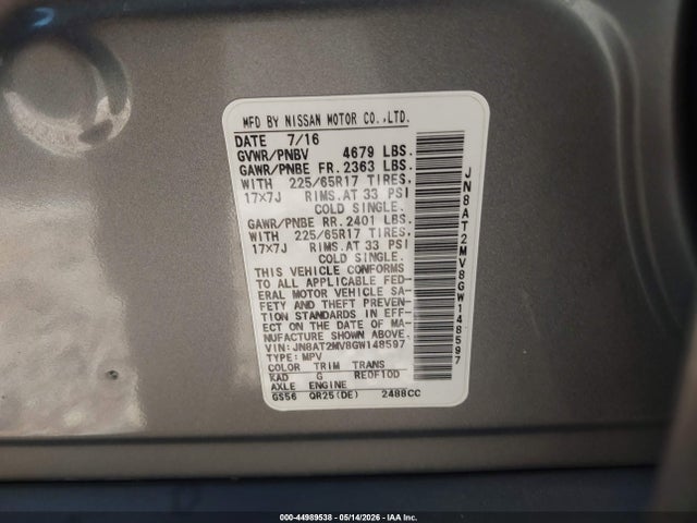 2016 Nissan Rogue Sv მანქანა იყიდება აუქციონზე, vin: JN8AT2MV8GW148597, აუქციონის ნომერი: 44989538