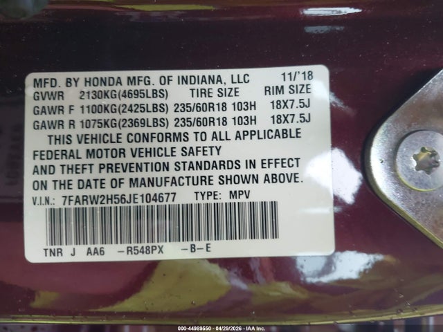 Продаж на аукціоні авто 2018 Honda Cr-v Ex, vin: 7FARW2H56JE104677, номер лоту: 44989550