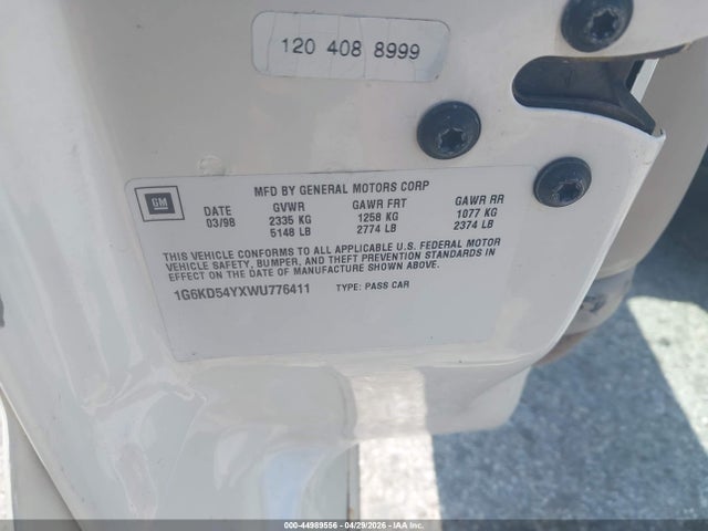 1998 Cadillac Deville Standard მანქანა იყიდება აუქციონზე, vin: 1G6KD54YXWU776411, აუქციონის ნომერი: 44989556