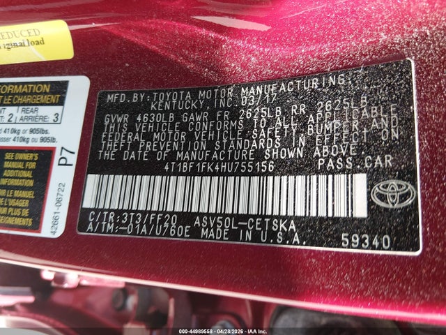 44989558 :رقم المزاد ، 4T1BF1FK4HU755156 vin ، 2017 Toyota Camry Se مزاد بيع
