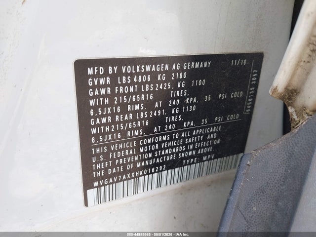 44989565 :رقم المزاد ، WVGAV7AXXHK016292 vin ، 2017 Volkswagen Tiguan 2.0t/2.0t S مزاد بيع