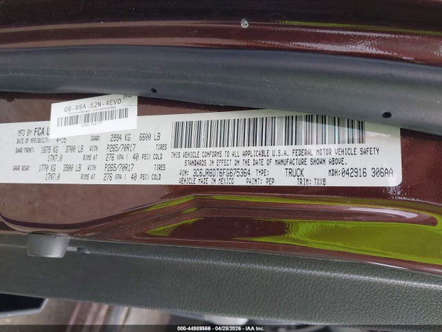 44989566 :رقم المزاد ، 3C6JR6DT6FG675364 vin ، 2015 Ram 1500 Tradesman مزاد بيع