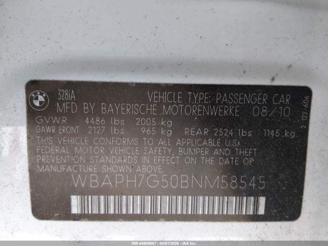 44989567 :رقم المزاد ، WBAPH7G50BNM58545 vin ، 2011 Bmw 328i مزاد بيع