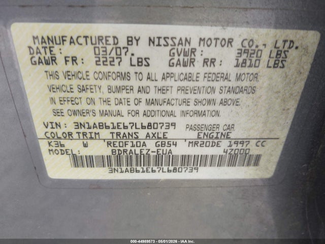 Aukcja sprzedaży 2007 Nissan Sentra 2.0s, vin: 3N1AB61E67L680739, numer aukcji: 44989573