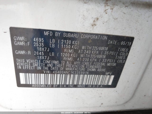 44989575 :رقم المزاد ، 4S4BSANC1K3359916 vin ، 2019 Subaru Outback 2.5i Limited مزاد بيع