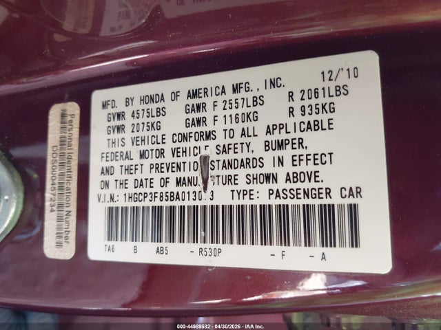 Продажа на аукционе авто 2011 Honda Accord 3.5 Ex-l, vin: 1HGCP3F85BA013073, номер лота: 44989582