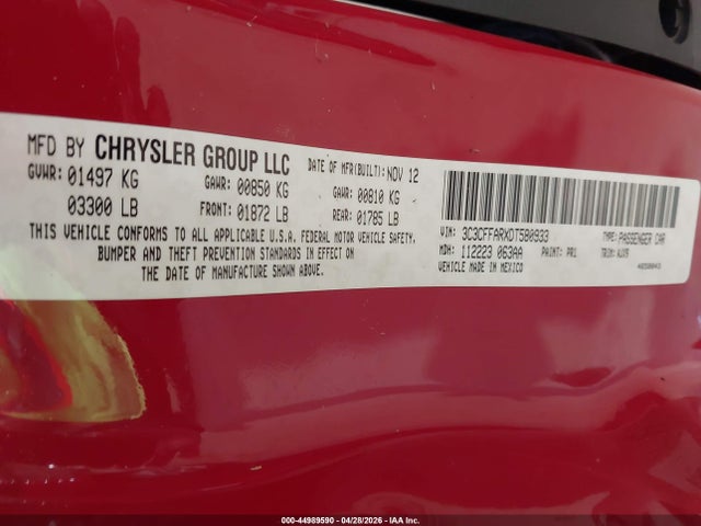 44989590 :رقم المزاد ، 3C3CFFARXDT580933 vin ، 2013 Fiat 500 Pop مزاد بيع