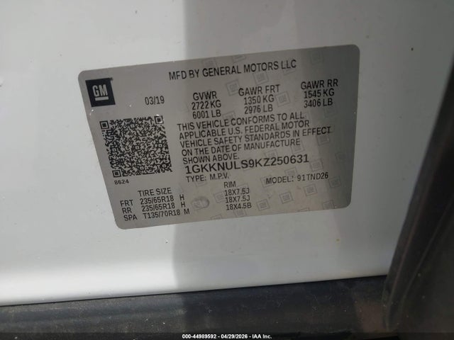 Aukcja sprzedaży 2019 Gmc Acadia Slt-1, vin: 1GKKNULS9KZ250631, numer aukcji: 44989592