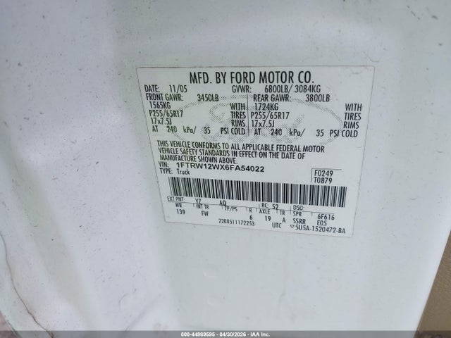 2006 Ford F-150 Xlt მანქანა იყიდება აუქციონზე, vin: 1FTRW12WX6FA54022, აუქციონის ნომერი: 44989595