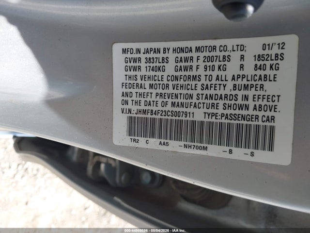 44989596 :رقم المزاد ، JHMFB4F23CS007911 vin ، 2012 Honda Civic Hybrid مزاد بيع