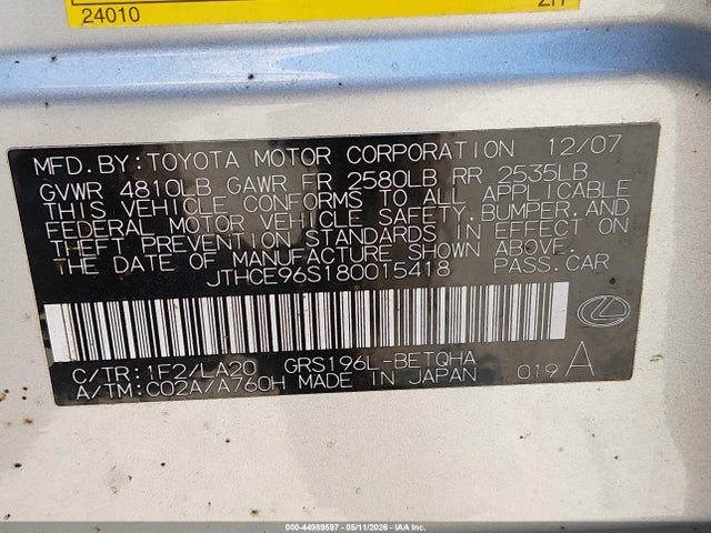 Продаж на аукціоні авто 2008 Lexus Gs 350, vin: JTHCE96S180015418, номер лоту: 44989597
