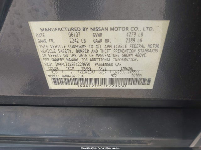 Aukcja sprzedaży 2007 Nissan Altima 2.5 S, vin: 1N4AL21E97C229650, numer aukcji: 44989598