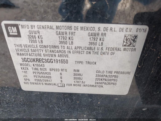 Aukcja sprzedaży 2016 Chevrolet Silverado 1500 1lt, vin: 3GCUKREC3GG191650, numer aukcji: 44989606
